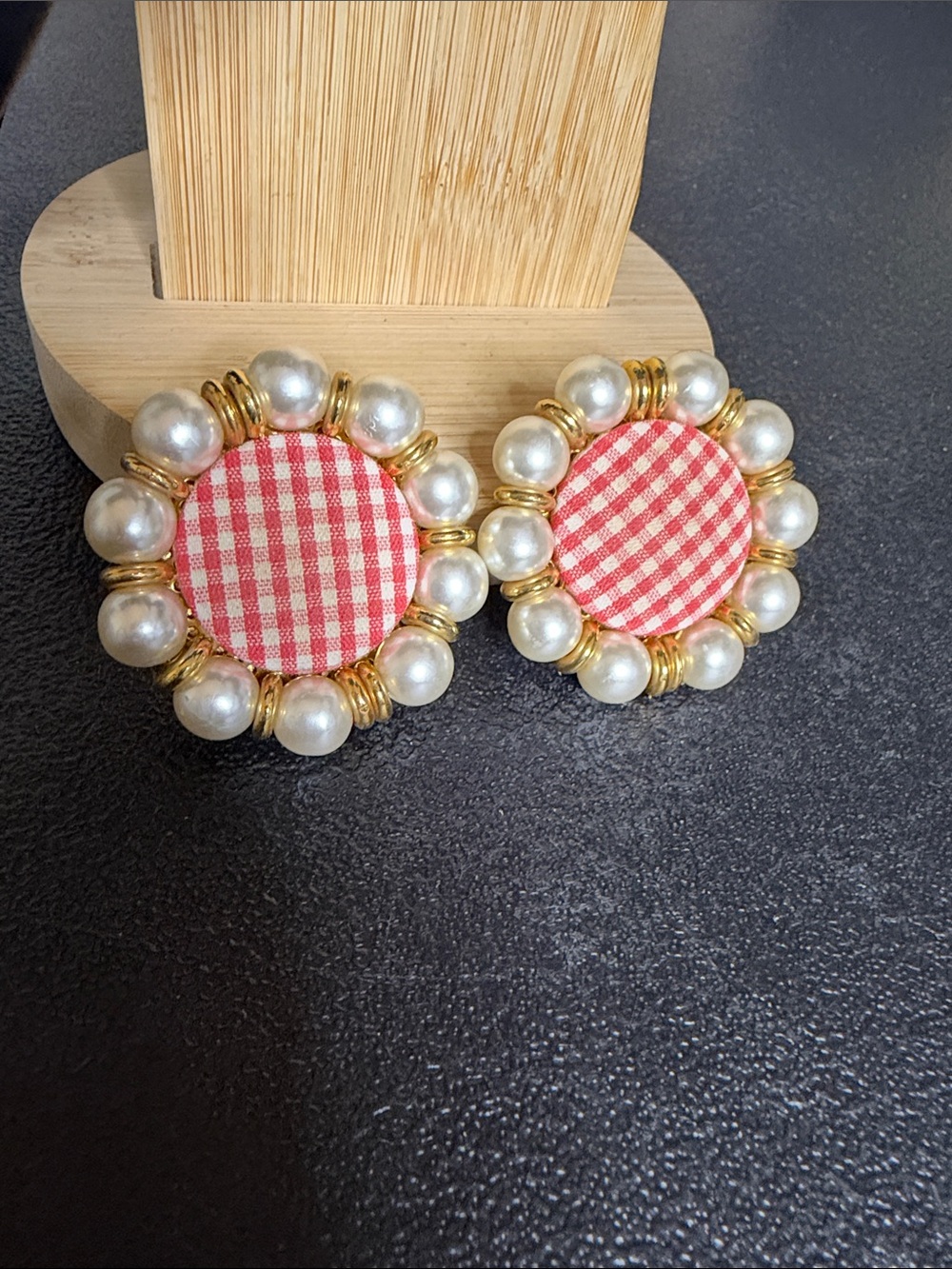 Vintage Red Gingham Faux Pearl-Trim Button Clip On Earrings Statement Gold Tone